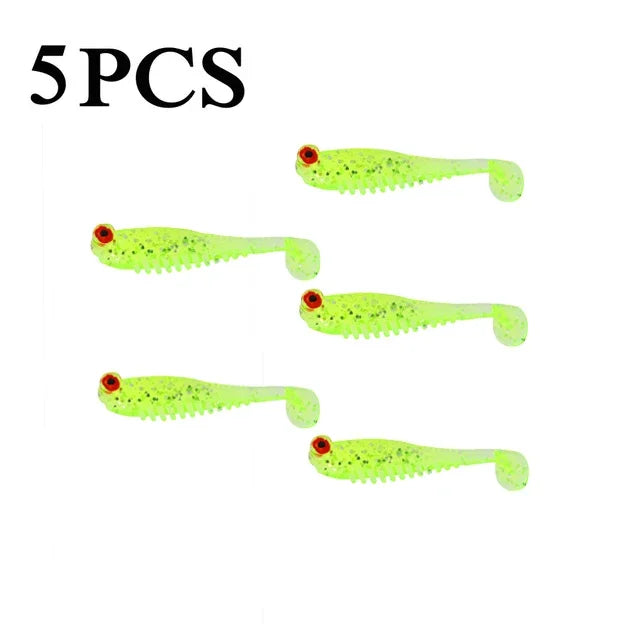 5pcs Fishing Bait Cluster Lure Soft Bait 3D Eyes Head Tail Wobbler Simulation Fishing Bait Sea Bass Fishing Accessories