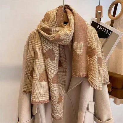 New Double Side Imitation Cashmere Scarf Winter Women's Love Heart Plaid Ladies Long Thickened Warm Knitted Scarf Hijab Stole