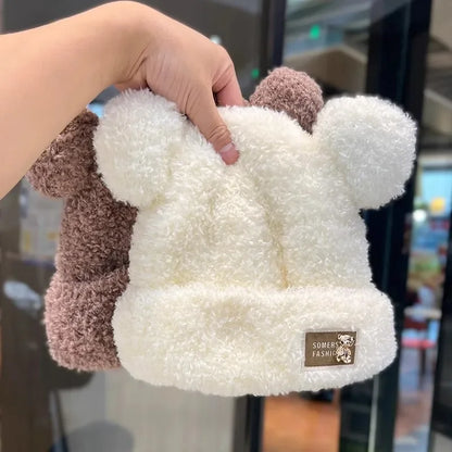 Cute Winter Plush Beanie Cap for Women Cartoon Bear Ear Knitted Wool Hat Female Girls Solid Color Thicken Lamb Fleece Hats