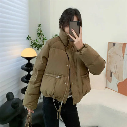 Korean Style Cotton Padded Coat Women's Cropped Stand Collar Fit Puffer Jacket Petite Thickened Warm Autumn Winter Jacket Trendy