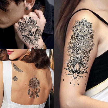 10 Sheets Black Henna Temporary Tattoos For Women Girl Arm Tattoo Fake Mandala Flower Tribal Animals Tattoo Sticker Dreamcatcher