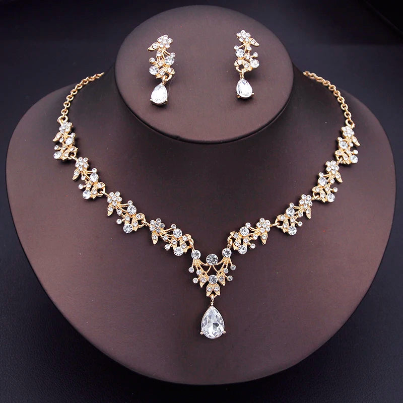 Exquisite Dangle Earrings and Necklace Set for Women Bridal Jewelry Set Rhinestone Flower Choker Necklace set Party Wedding