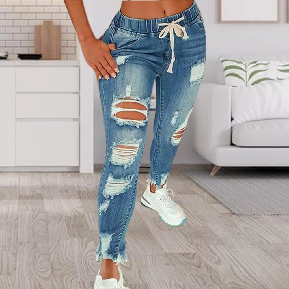 Stretchy Ripped Hole Jeans Women 2024 Straight Denim Trousers Female High Waist All-Match Casual Denim Pants New Streetwear