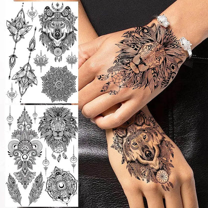 6 piezas de pegatinas de tatuaje temporal de henna negra únicas para adultos y mujeres, tatuajes falsos de plumas, mandalas, flores, tatuajes sexys para fiesta