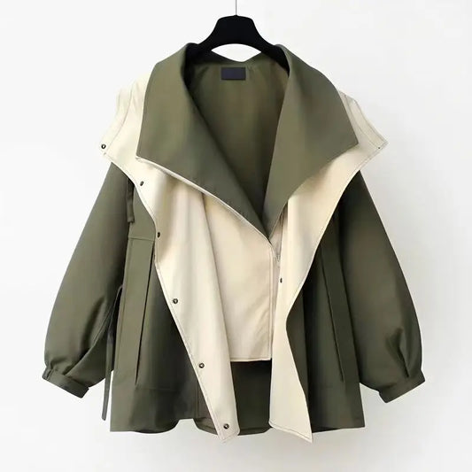 Autumn Chic Women's Windbreaker Contrast Fake Two-Piece Zip Button Wind Coat Belt Hoodie Casual All-Match Trend Outwear Jacket