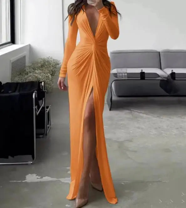 Elegant and Pretty Women's Dress 2024 V-Neck Long Sleeve Solid Slim Pleated Dress Pleated Slit Long Sleeve Date Party Dress