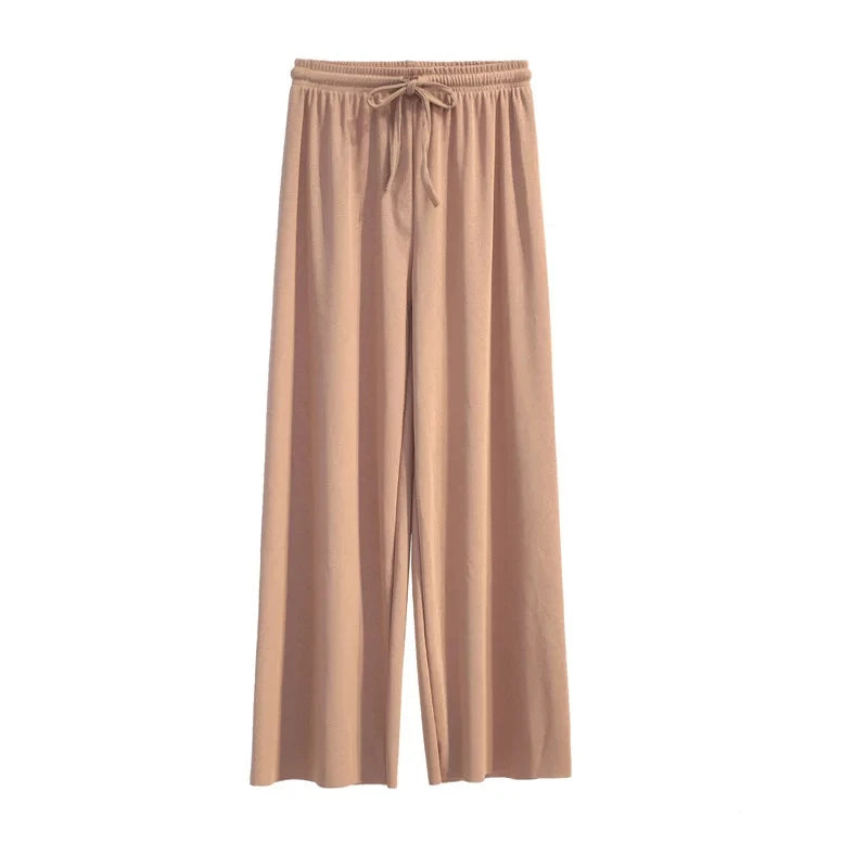 Women Wide Leg Long Pants Casual Solid Elastic Waist Loose Ankle-Length Ice Silk Pants Spring Summer Straight Female Trousers