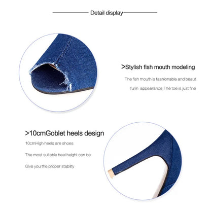 Women High Heels Boots Hollow Out Pointed Toe Over Knee Blue Denim Gladiator Boots Long High Heel Jean Boots Shoes Ladies Shoes