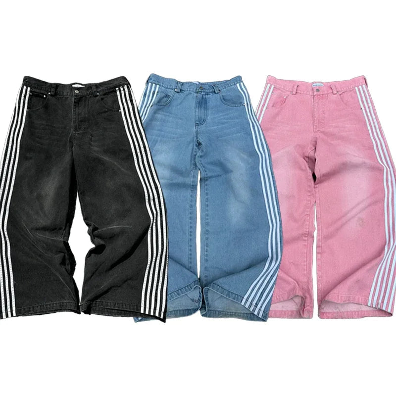 Y2K Baggy Jeans Harajuku vintage Striped Embroidered high quality Sweatpants men women Hip Hop Casual wide leg jeans streetwear