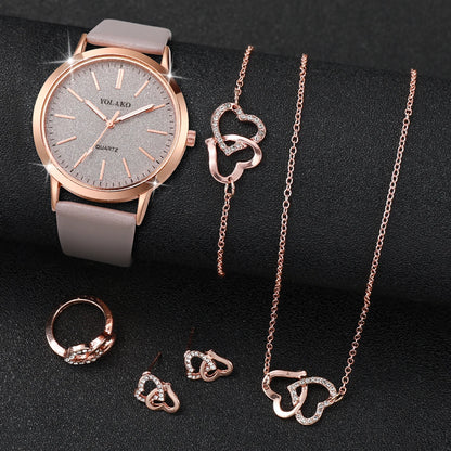 5PCS/Set Fashion Matte Dial Women Watches Diamond Heart Jewelry Set Casual Leather Band Quartz Watch（Without Box）