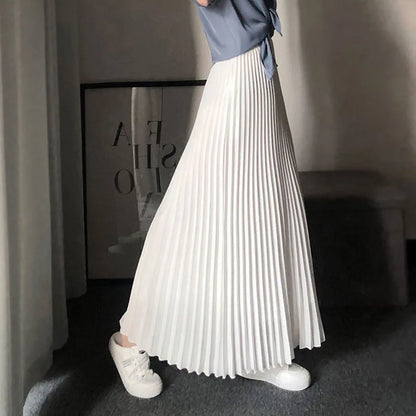 Spring Autumn Women's Pleated Skirts Korean Fashion High Waist Office Lady Long Skirt New Solid Color All-Match A-Line Skirts