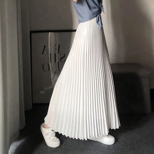 Spring Autumn Women's Pleated Skirts Korean Fashion High Waist Office Lady Long Skirt New Solid Color All-Match A-Line Skirts