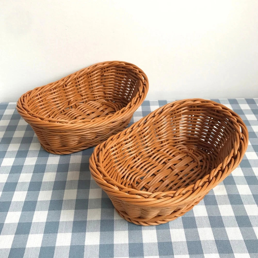 Oval Curved Rattan Wicker Woven Serving Baskets for Bread Fruit Vegetables Restaurant Serving Tabletop Display Rattan Basket