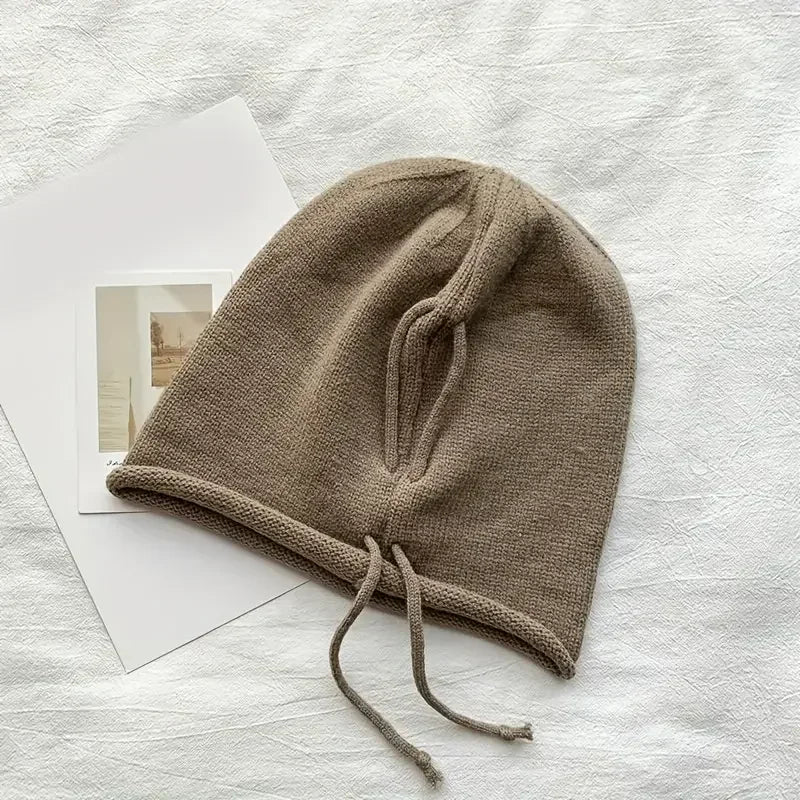 Fashion Drawstring Baggy Slouchy Beanie For Women Autumn Winter Ear Warm Skullies Cap Solid Color Bonnet Girl Kintted Woolen Hat