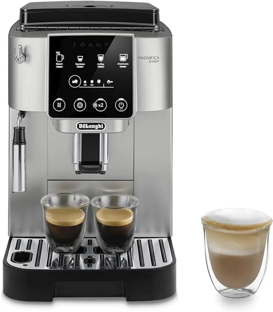 Máquina automática de café y espresso Start con espumador de leche manual para café con leche y capuchino, molinillo incorporado, color plateado