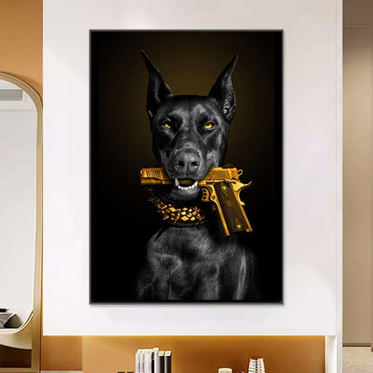 Luxury Dog Doberman with Pistol In His Mouth Posters Canvas Painting Animal Fashion Wall Art Pictures Living Room Home Decor