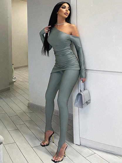 Weird Puss Irregular Casual Women Tracksuit 2 Piece Set Solid Spring T-Shirt+Skinny Leggings Elastic Matching Streetwear Outfits