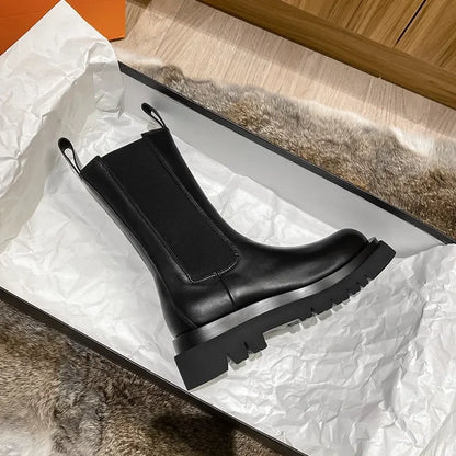 Classics Chelsea Boots Women Black Ankle Boots Autumn Winter Shoes Genuine Leather Platform Short Boots Slip on Elastic Band