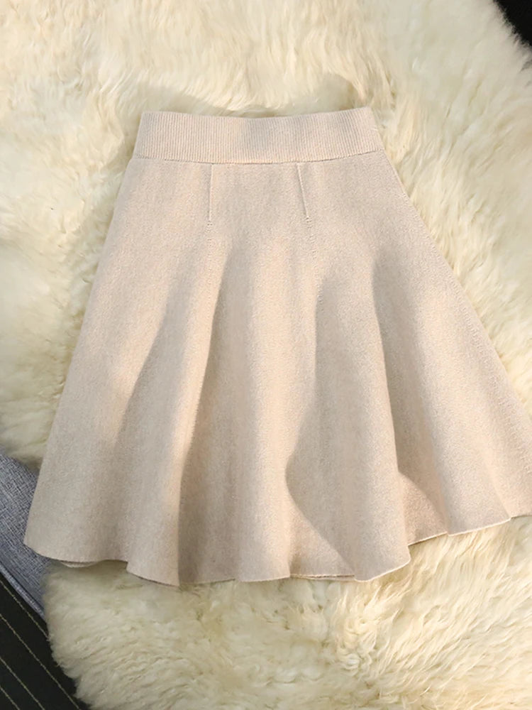 Syiwidii Skirts for Women Knitted Ruffled Vintage Solid Casual Elastic Waist Skirts 2024 Elegant Female A-Line High Waist Skirts