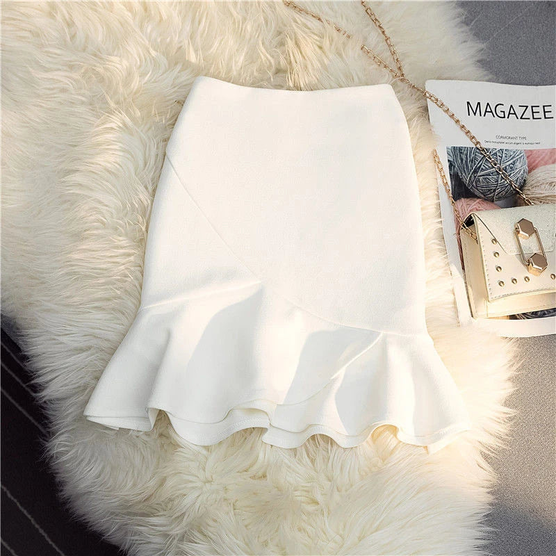 MEXZT Elegant Ruffles Mini Skirt Women Korean High Waist Wrap Mermaid Skirts Ladies Fashion Black White Trumpet Skirt Summer New