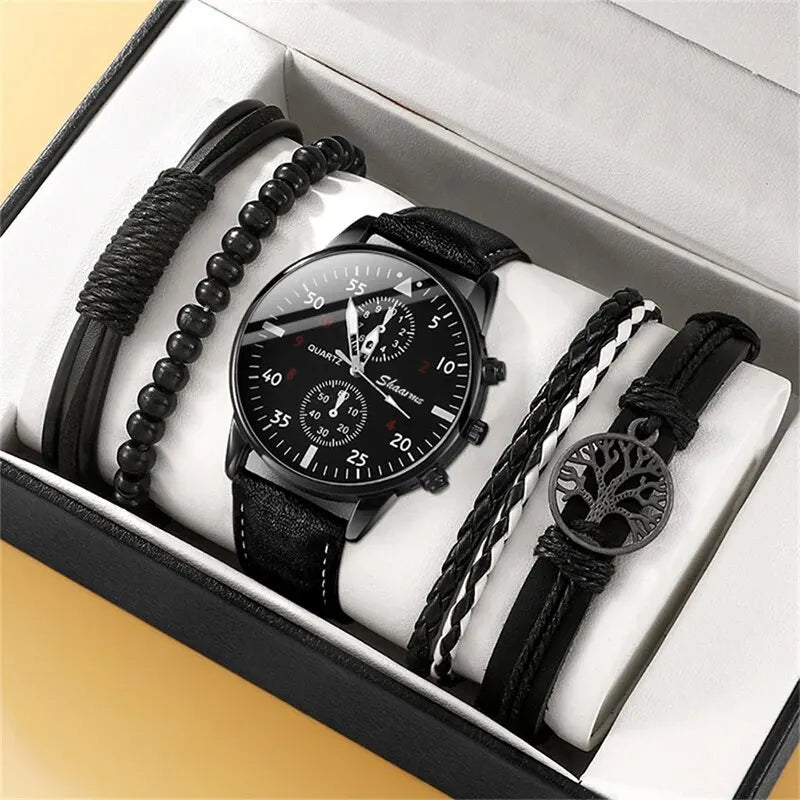 5PCS Set Fashion Mens Sports Watches Man Business Quartz Wristwatch Luxury Leather Bracelet Men Casual Clock Watch