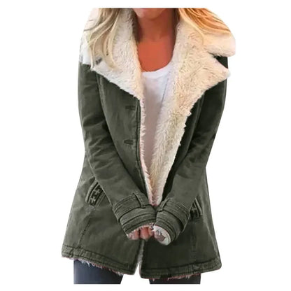 Women Autumn Winter Solid Color Plush Lapel Coat Jacket Fashion Casual Parka Jacket