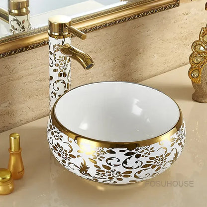 Retro Gold Plated Round Bathroom Sinks Designer Bathroom Washbasins Small Handmade Table Basin Nordic Kitchen Washing Sinks