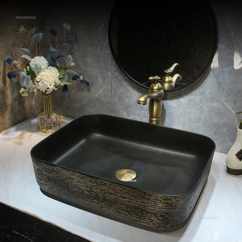 Creative Bathroom Sink Art Ceramic Wash Basin Simple Above Counter Basin Black Retro Home Small Single Basin Bathroom Fixtures P