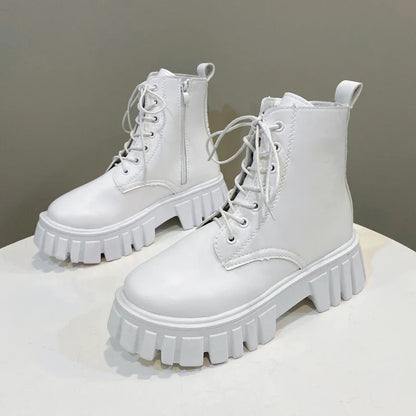 Chunky Platform White Ankle Boots Women Autumn Winter Pu Leather Booties Mujer Punk Thick Bottom Motorcycle Boots size 35-42