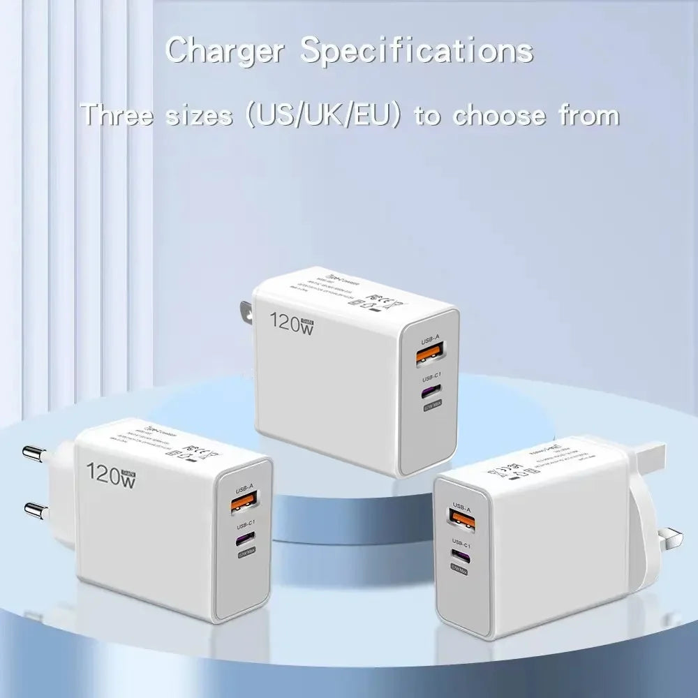 USB 120W Fast Charger Quick Charge 3.0 USB Fast Charging Phone Adapter PD Cable For Huawei Xiaomi Samsung Iphone US/EU charger