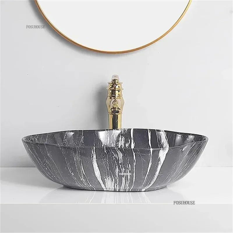 Ceramic Bathroom Sinks Designer Marble Pattern Countertop Sink Light Luxury Hotel Washbasin Creative Bathroom Furniture N