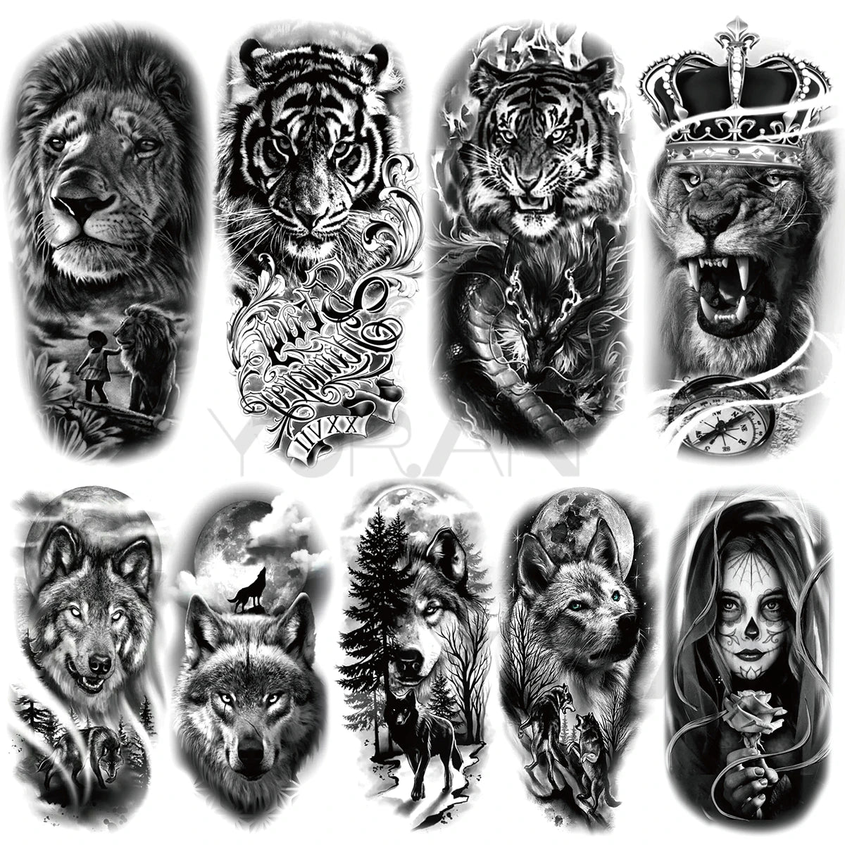 Large Lion Temporary Tattoos For Women Men Tiger Wolf Vampire Forest Flower Crown Compass Fake Tattoo Sticker Arm Body Tatoos