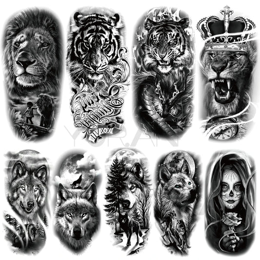 Tatuajes temporales grandes de león para mujeres, hombres, tigre, lobo, vampiro, bosque, flor, corona, brújula, tatuaje falso, tatuajes para el brazo y el cuerpo