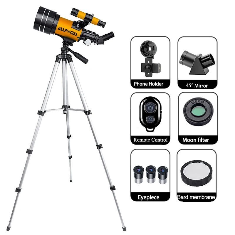 ALLFOCUS 150X Astronomical Telescope , 70mm Aperture Refractor Portable Travel Telescope with Phone Adapter &Wireless Remote