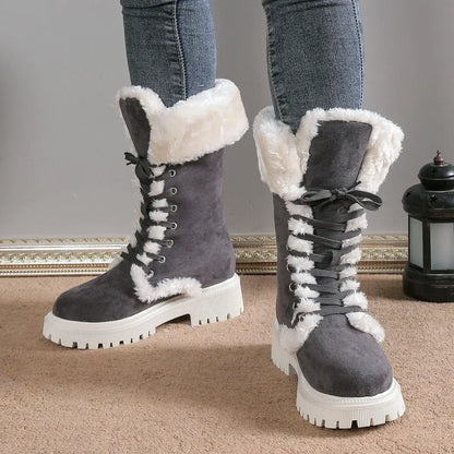 Thicken Plush Snow Boots for Women Winter Faux Fur Platform Ankle Boots Woman Mid-calf Lace-up Snow Boots Thickened Cotton Shoes