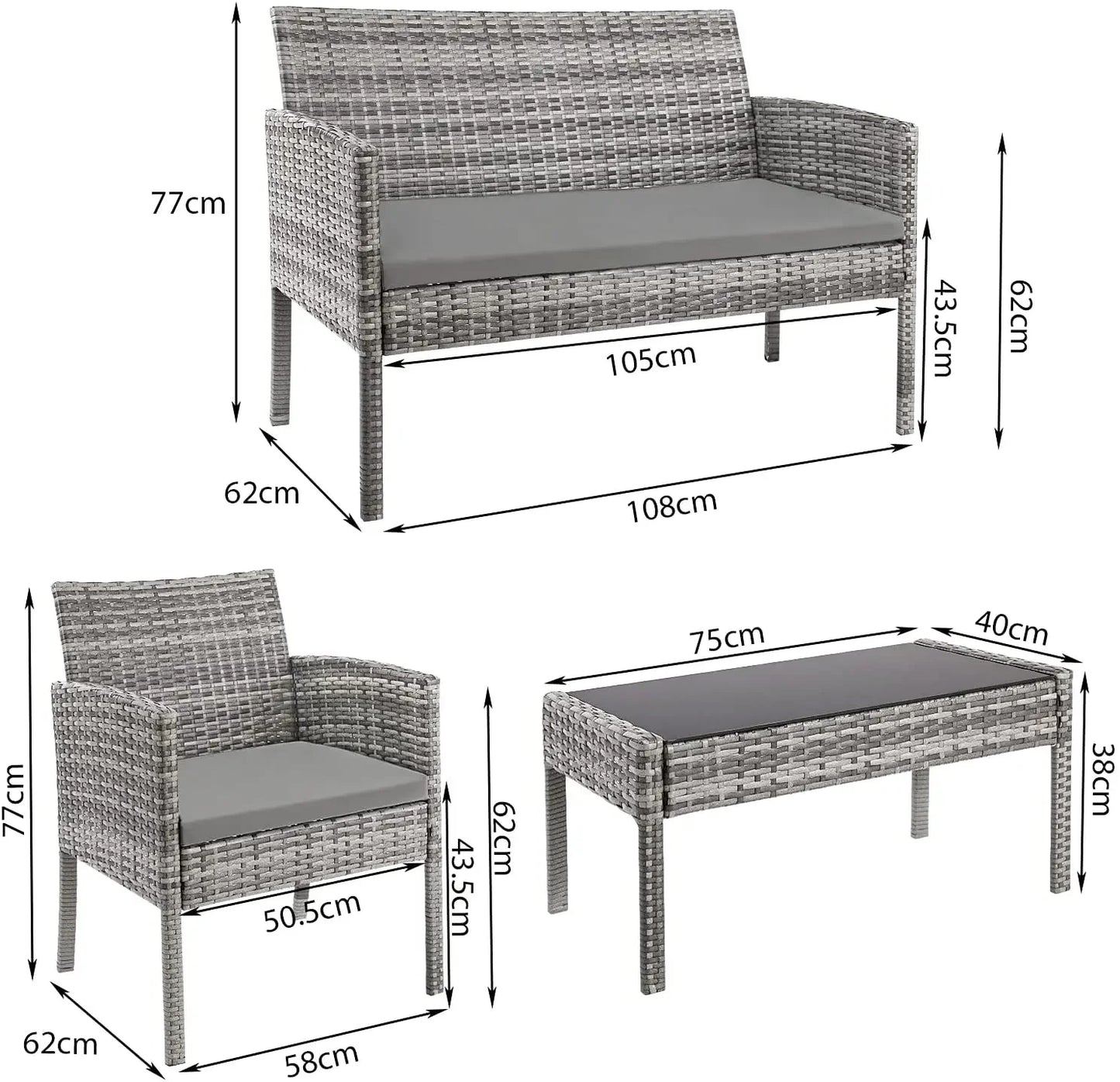 Garden Sofa Set Garden Furniture Sets Outdoor Garden Lounge Chairs+Coffee Table with Cushion for Patio Terrace Poolside Backyard