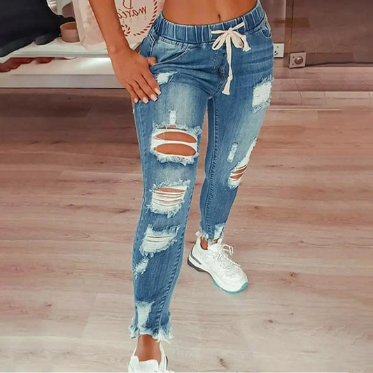 Stretchy Ripped Hole Jeans Women 2024 Straight Denim Trousers Female High Waist All-Match Casual Denim Pants New Streetwear