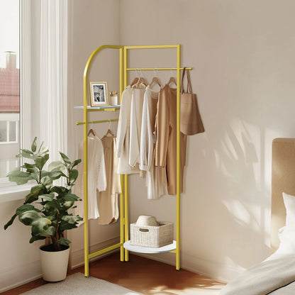 Adjustable Angle Gold Metal Coat Rack with Shelves and Hanging Rod Corner Clothes Stand for Home Clothes Organization