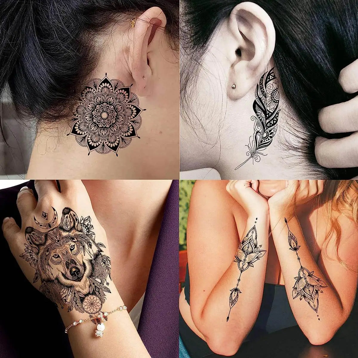 6 piezas de pegatinas de tatuaje temporal de henna negra únicas para adultos y mujeres, tatuajes falsos de plumas, mandalas, flores, tatuajes sexys para fiesta