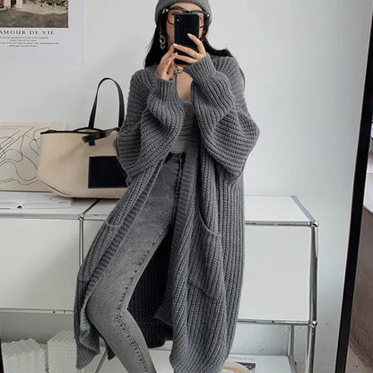 Long Cardigan 2024 Spring Knitted Women Loose V-neck Autumn Winter Elegant Sweet Outerwear Maxi Y2k Sweater Coat Soft Jacket