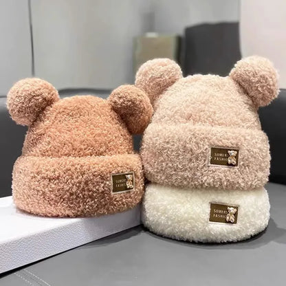 Cute Winter Plush Beanie Cap for Women Cartoon Bear Ear Knitted Wool Hat Female Girls Solid Color Thicken Lamb Fleece Hats