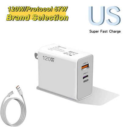 USB 120W Fast Charger Quick Charge 3.0 USB Fast Charging Phone Adapter PD Cable For Huawei Xiaomi Samsung Iphone US/EU charger