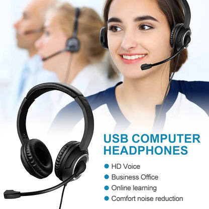 Wired USB Headset Call Center Headphones with Microphone Noise Cancelling Over Gaming Over-Ear Headsets for Computer PC Laptop