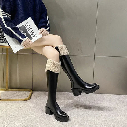 Winter Knee High Brown Long Boots Comfort Square Heel Zip Belt Buckle Platform Boots for Women  Plush Edge Warm Gothic Shoes