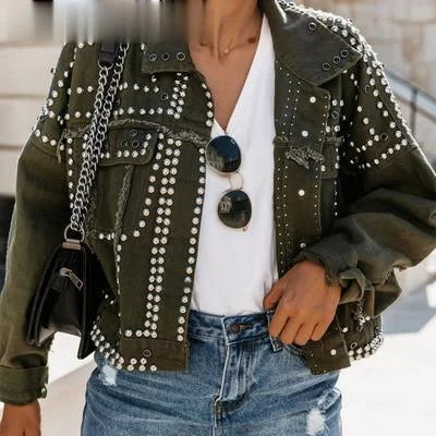 Rivet Studded Denim Jacket 2021 Autumn Loose Outwear Female New Students Casual Short Jeans Coats Jacket Women Outwear