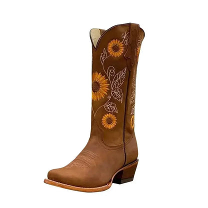 New Women Coffee Brown Embroidery Boots PU Leather Printed Western Cowboy Boots Deep V-mouth High Tube Casual Boots Classic