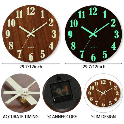 12 Inch Luminous Wall Clock Wood Silent light in dark night Nordic Fashion Wall Clock Non Ticking Clock With Night Light