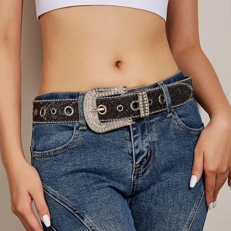 Punk Rhinestone Belt Belt Brand 3.8cm Y2k Bling Sequin Designer Belts Pu Fashion Waistband Jeans Pants Decor Belt for Women Men