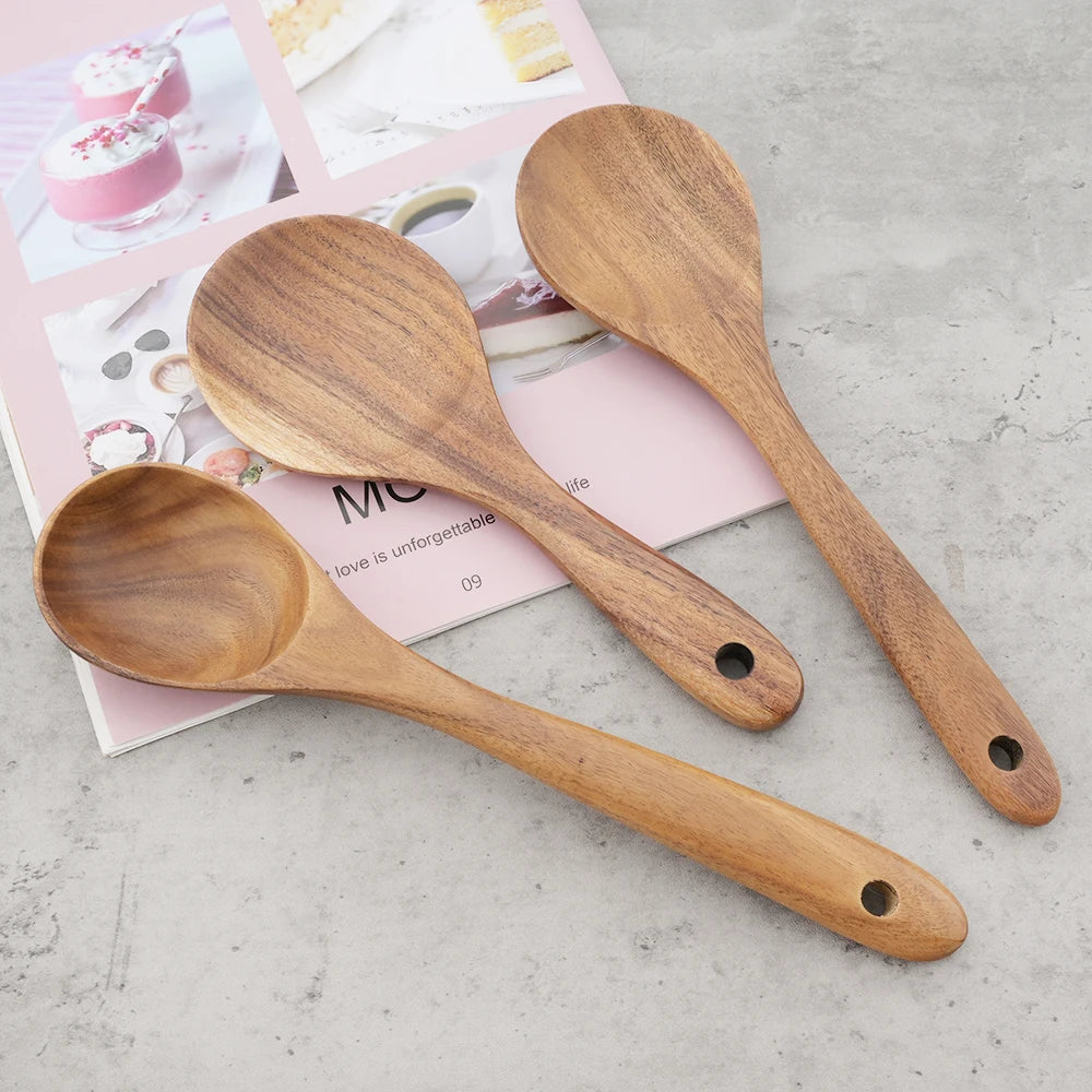 Reusable Natural Wood Cooking Utensil Set Spatula Soup Spoon Brush Ladle Pasta Colander Non-stick Cookware Home Kitchen Tool Kit