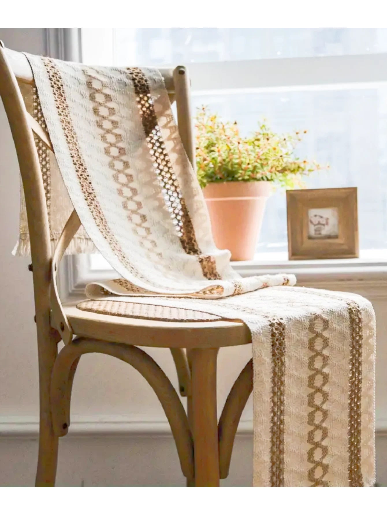 Boho Table Runner for Home Decor Macrame Cream & Brown Farmhouse Table Runner with Tassels for Bohemian Dining Bedroom Decor